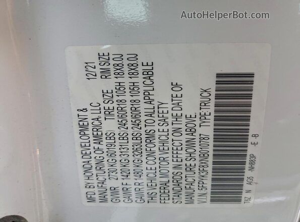 5FPYK3F8XNB010787 2022 HONDA RIDGELINE White Вид підкапотного простору