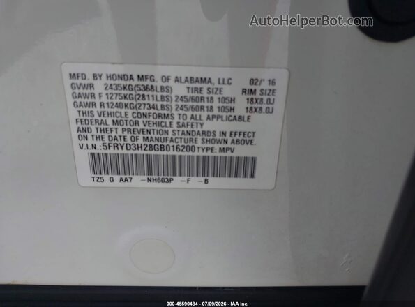 5FRYD3H28GB016200 2016 ACURA MDX White Շարժիչի բաժամունքի տեսք