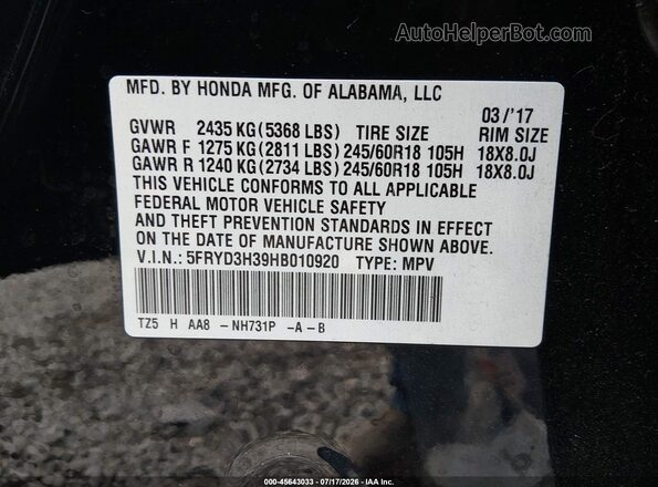 5FRYD3H39HB010920 2017 ACURA MDX Black Engine compartment view
