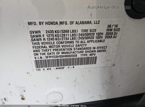 5FRYD3H55HB002038 2017 ACURA MDX White Շարժիչի բաժամունքի տեսք