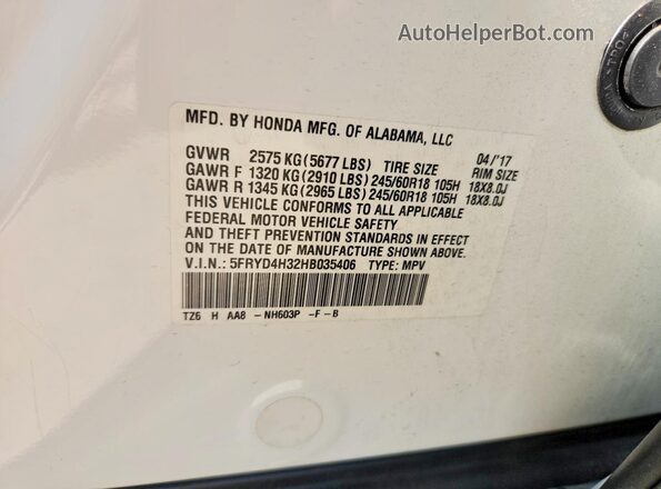5FRYD4H32HB035406 2017 ACURA MDX White VIN sticker view
