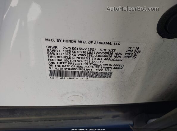 5FRYD4H53HB023041 2017 ACURA MDX White Vista del compartimento del motor