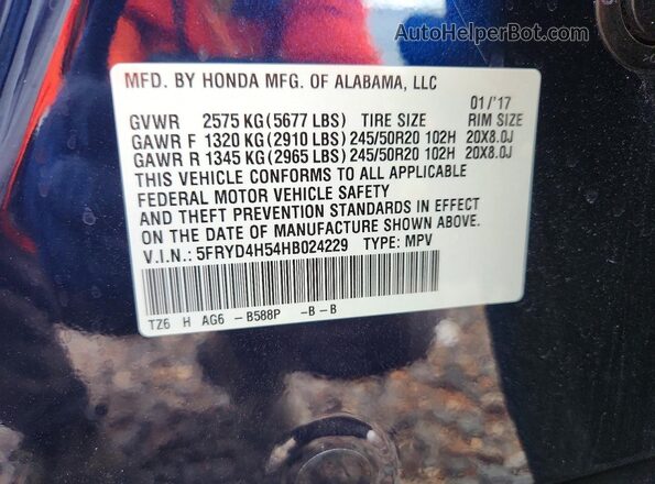 5FRYD4H54HB024229 2017 ACURA MDX Blue VIN sticker view