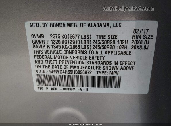5FRYD4H59HB028972 2017 ACURA MDX Silver Շարժիչի բաժամունքի տեսք