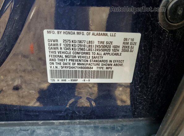 5FRYD4H71HB008684 2017 ACURA MDX Blue VIN կոդի պիտակի տեսք