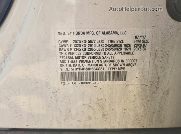 5FRYD4H88HB043361 2017 ACURA MDX White Vista interior de 360 grados
