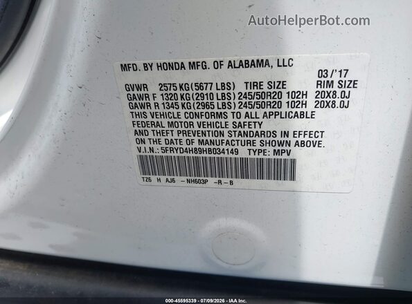 5FRYD4H89HB034149 2017 ACURA MDX White Vista del compartimento del motor