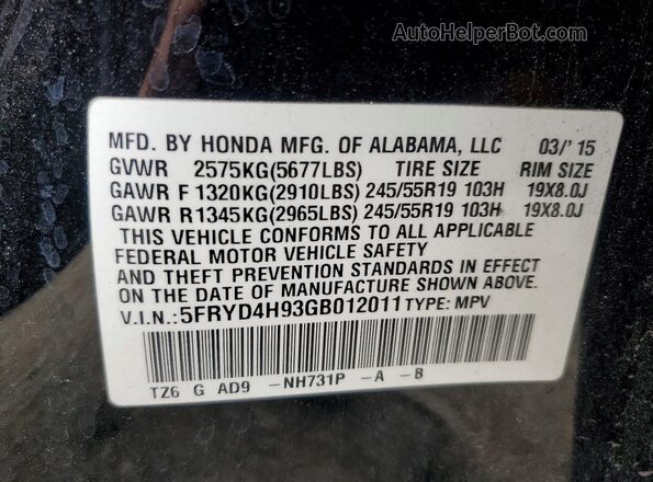 5FRYD4H93GB012011 2016 ACURA MDX Black Widok naklejki z numerem VIN