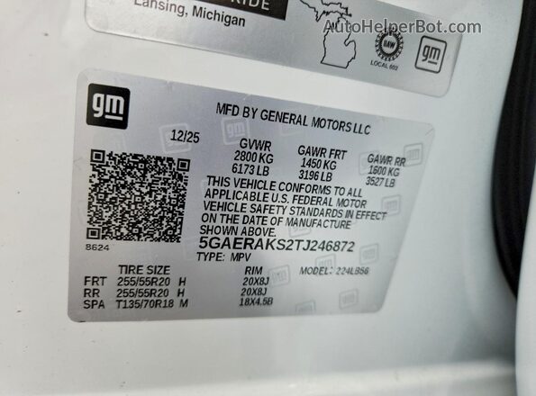 5GAERAKS2TJ246872 2026 BUICK ENCLAVE White Widok naklejki z numerem VIN
