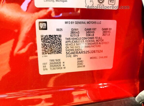 5GAERARS2SJ287524 2025 BUICK ENCLAVE Red Вид наклейки з VIN-кодом