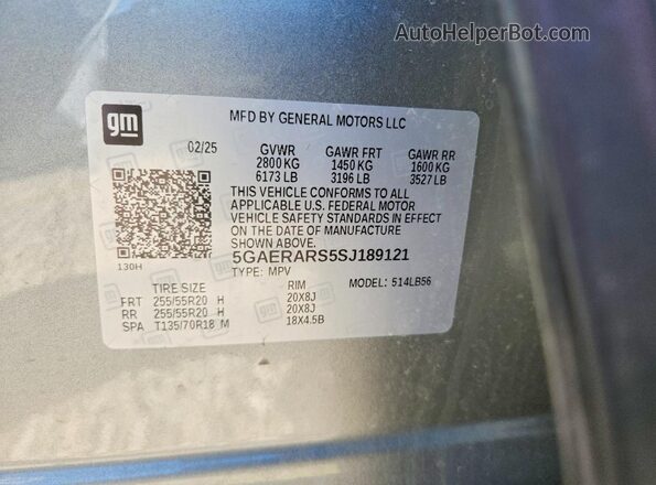 5GAERARS5SJ189121 2025 BUICK ENCLAVE Gray Widok naklejki z numerem VIN