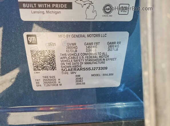 5GAERARS5SJ273309 2025 BUICK ENCLAVE Синий Вид наклейки с VIN-кодом