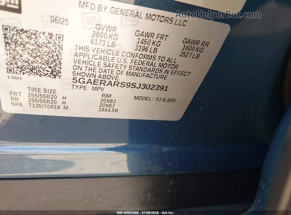 5GAERARS9SJ302391 2025 BUICK ENCLAVE Blue Вид підкапотного простору
