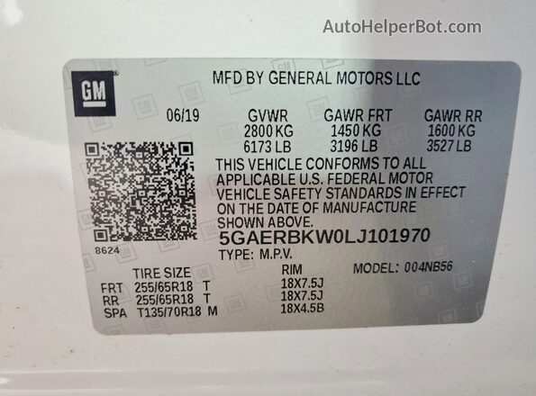 5GAERBKW0LJ101970 2020 BUICK ENCLAVE White Widok naklejki z numerem VIN