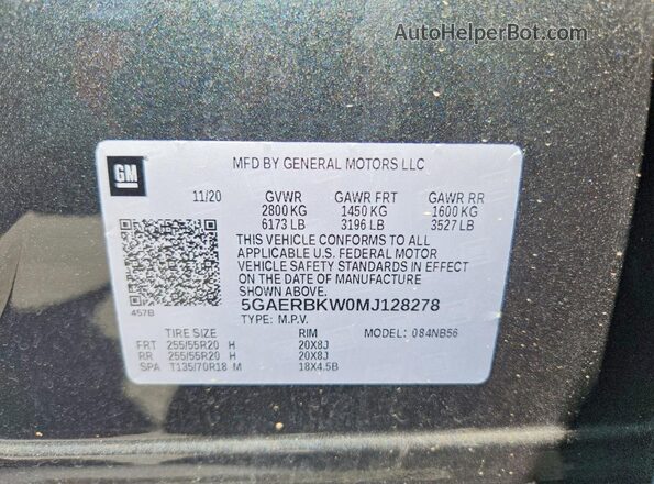 5GAERBKW0MJ128278 2021 BUICK ENCLAVE Charcoal VIN კოდის სტიკერის ხედი