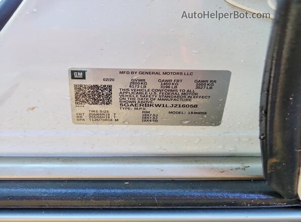 5GAERBKW1LJ216058 2020 BUICK ENCLAVE White VIN sticker view