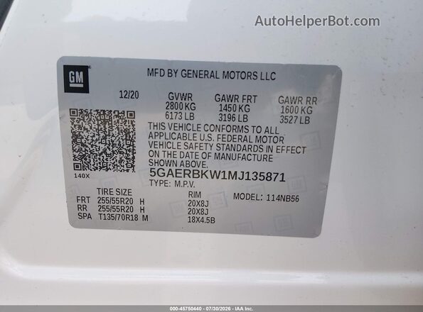 5GAERBKW1MJ135871 2021 BUICK ENCLAVE White Engine compartment view