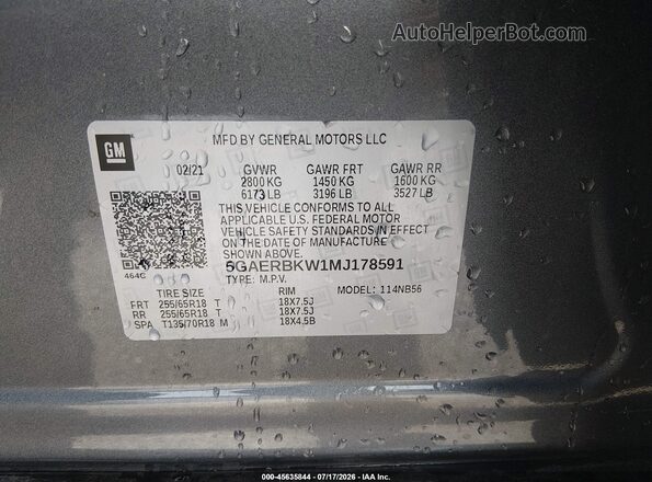 5GAERBKW1MJ178591 2021 BUICK ENCLAVE Gray ძრავის განყოფილების ხედი
