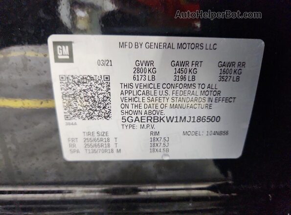 5GAERBKW1MJ186500 2021 BUICK ENCLAVE Black VIN sticker view