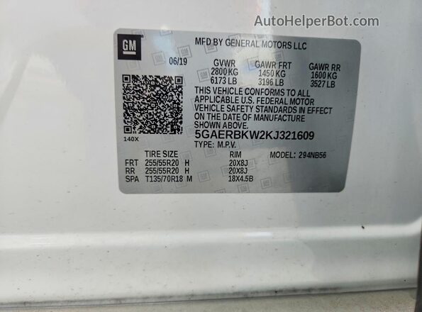 5GAERBKW2KJ321609 2019 BUICK ENCLAVE White Вид наклейки з VIN-кодом