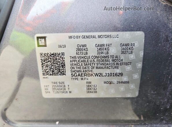 5GAERBKW2LJ101629 2020 BUICK ENCLAVE Gray VIN კოდის სტიკერის ხედი