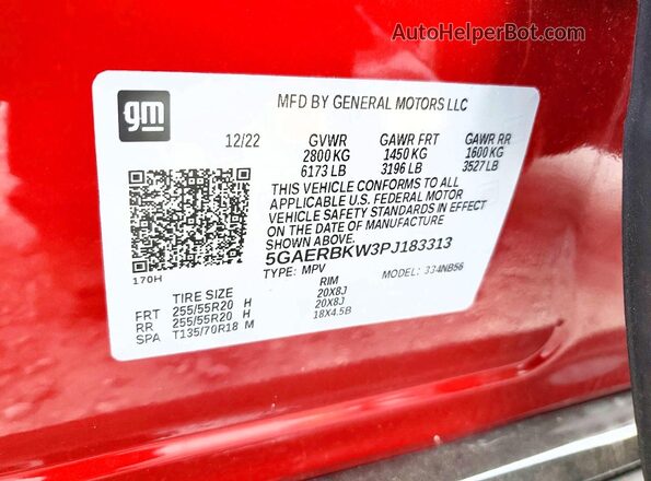 5GAERBKW3PJ183313 2023 BUICK ENCLAVE Бордовый Вид наклейки с VIN-кодом