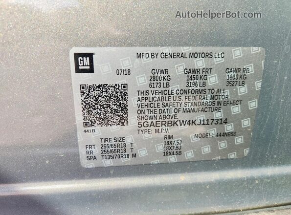 5GAERBKW4KJ117314 2019 BUICK ENCLAVE Серый Вид наклейки с VIN-кодом
