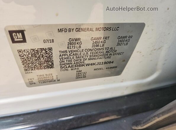 5GAERBKW4KJ119094 2019 BUICK ENCLAVE White Widok naklejki z numerem VIN