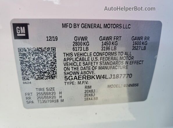 5GAERBKW4LJ187770 2020 BUICK ENCLAVE Белый Вид наклейки с VIN-кодом