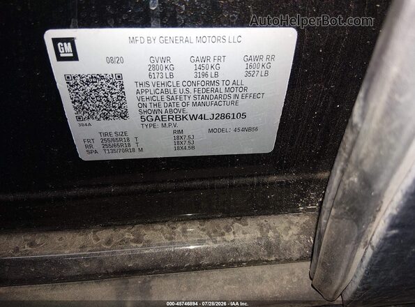 5GAERBKW4LJ286105 2020 BUICK ENCLAVE Black Vista del compartimento del motor
