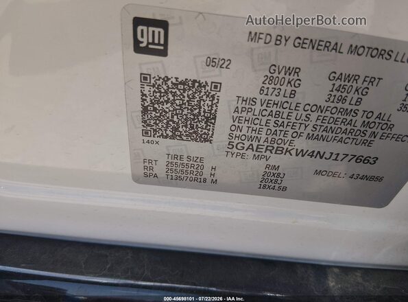 5GAERBKW4NJ177663 2022 BUICK ENCLAVE White Engine compartment view