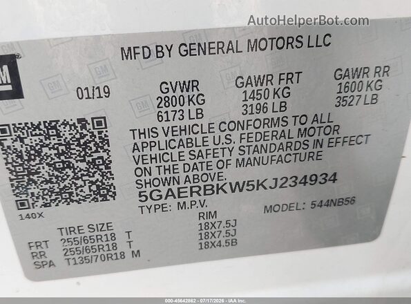 5GAERBKW5KJ234934 2019 BUICK ENCLAVE White Вид підкапотного простору