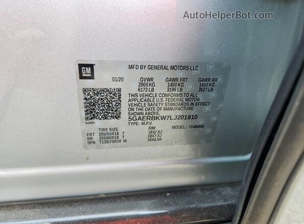 5GAERBKW7LJ201810 2020 BUICK ENCLAVE Silver Vista de la etiqueta del VIN