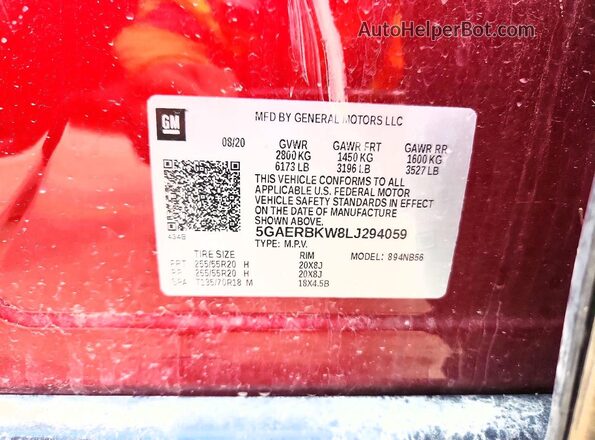 5GAERBKW8LJ294059 2020 BUICK ENCLAVE Красный Вид наклейки с VIN-кодом
