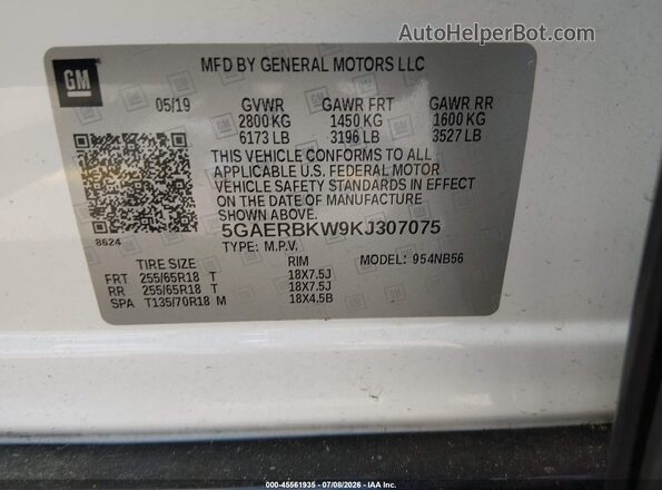 5GAERBKW9KJ307075 2019 BUICK ENCLAVE White Vista del compartimento del motor