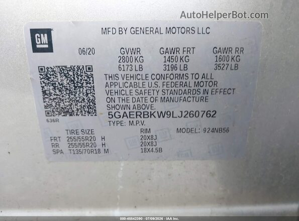 5GAERBKW9LJ260762 2020 BUICK ENCLAVE Серебряный Вид подкапотного пространства