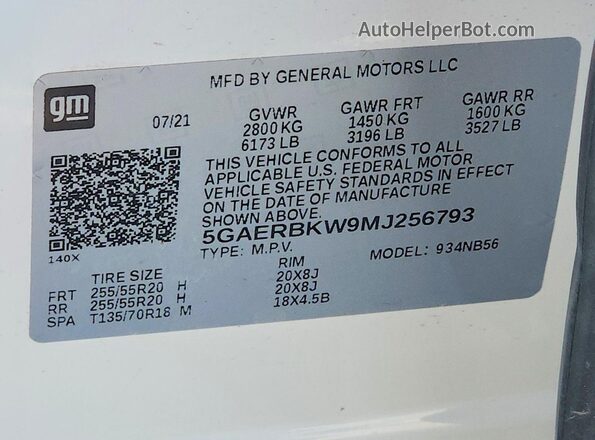 5GAERBKW9MJ256793 2021 BUICK ENCLAVE White Vista de la etiqueta del VIN