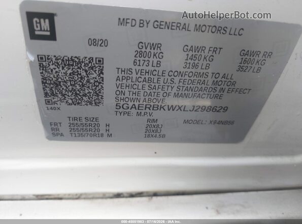 5GAERBKWXLJ298629 2020 BUICK ENCLAVE Белый Вид подкапотного пространства