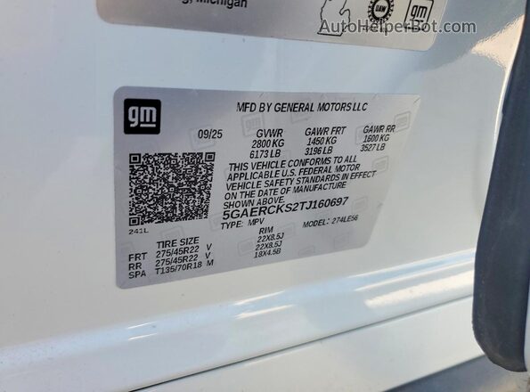 5GAERCKS2TJ160697 2026 BUICK ENCLAVE White Widok naklejki z numerem VIN