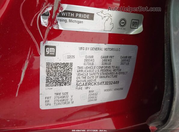 5GAERCKS4TJ232449 2026 BUICK ENCLAVE Red Vista del compartimento del motor