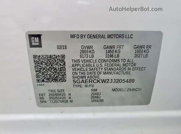 5GAERCKW2JJ205489 2018 BUICK ENCLAVE White Vista interior de 360 grados