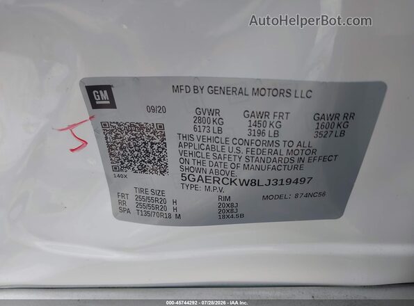 5GAERCKW8LJ319497 2020 BUICK ENCLAVE White ძრავის განყოფილების ხედი