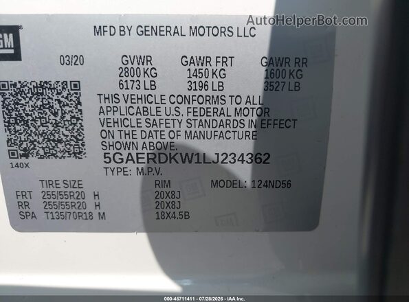 5GAERDKW1LJ234362 2020 BUICK ENCLAVE White Widok komory silnika