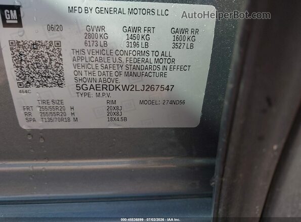 5GAERDKW2LJ267547 2020 BUICK ENCLAVE Gray ძრავის განყოფილების ხედი