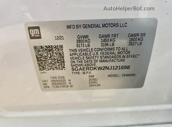 5GAERDKW2NJ121698 2022 BUICK ENCLAVE Белый Вид наклейки с VIN-кодом