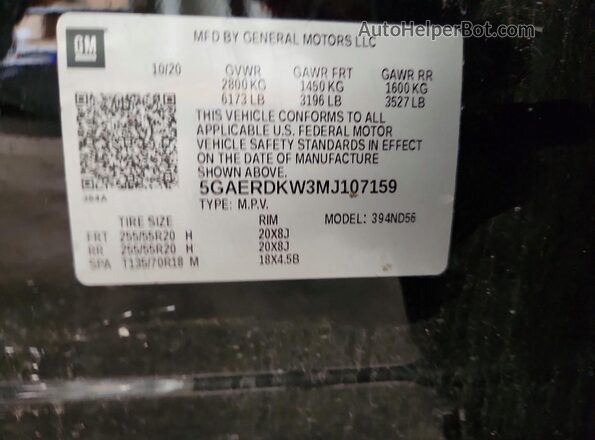 5GAERDKW3MJ107159 2021 BUICK ENCLAVE Black Vista interior de 360 grados