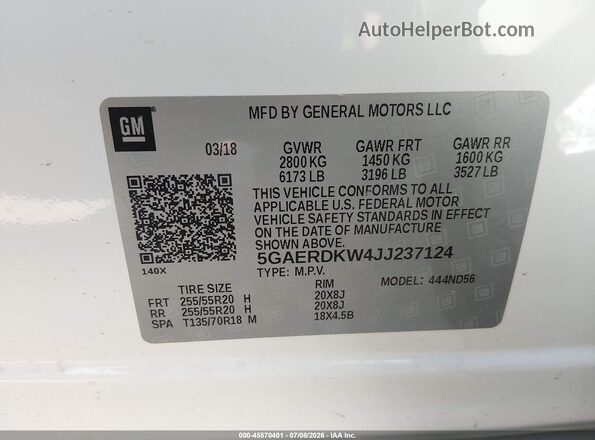 5GAERDKW4JJ237124 2018 BUICK ENCLAVE White Engine compartment view