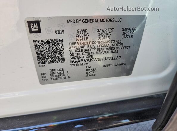 5GAEVAKW0KJ271122 2019 BUICK ENCLAVE Белый Вид наклейки с VIN-кодом
