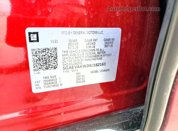 5GAEVAKW2MJ162163 2021 BUICK ENCLAVE Red VIN sticker view