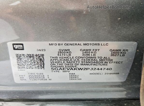 5GAEVAKW2PJ244740 2023 BUICK ENCLAVE Gray VIN კოდის სტიკერის ხედი